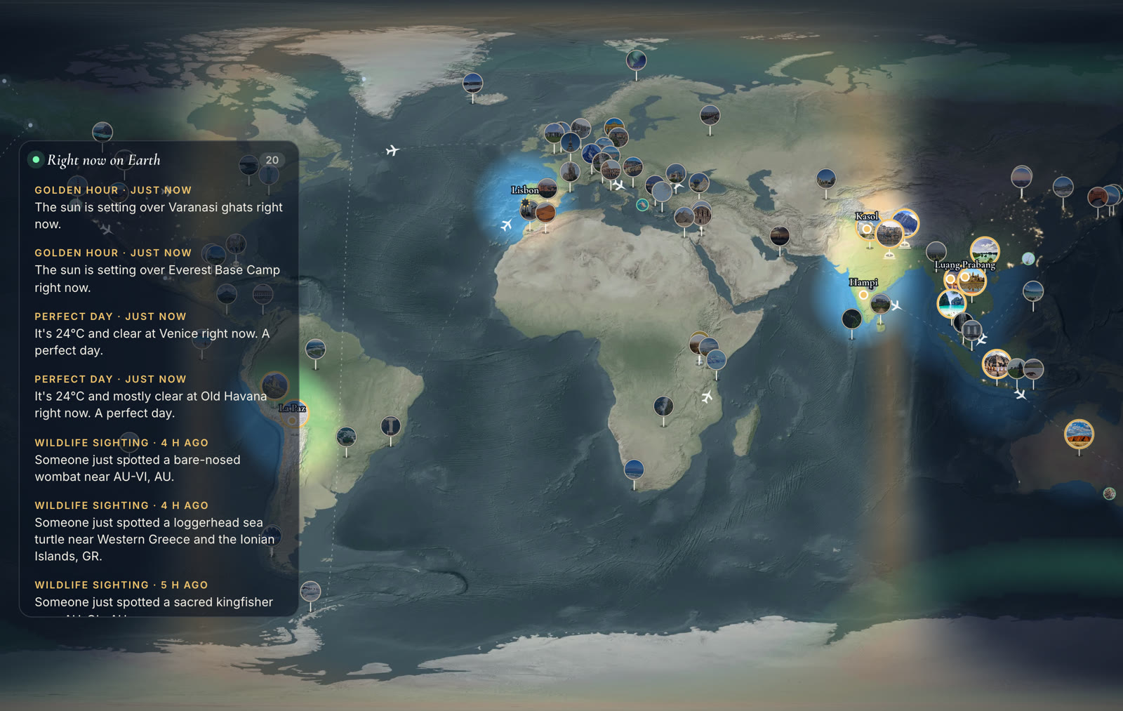 The world map with a panel of what’s happening right now: golden hour, perfect weather, wildlife sightings